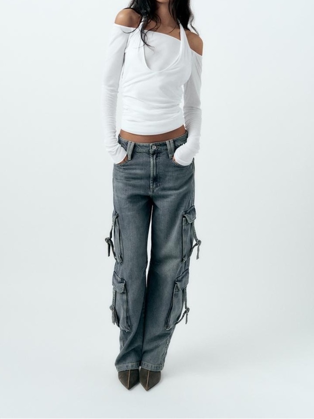 Zara Mid-Rise Denim Cargo Jeans